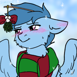 Size: 1000x1000 | Tagged: safe, artist:sinrinf, imported from derpibooru, oc, oc only, any gender, any race, any species, blushing, clothes, commission, mistletoe, scarf, snow, solo, striped scarf, your character here