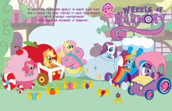 Size: 700x453 | Tagged: safe, artist:katie jean wise, imported from derpibooru, applejack, fluttershy, pinkie pie, rainbow dash, rarity, twilight sparkle, earth pony, pegasus, pony, unicorn, apple, car, concept, concept art, cupcake, element of generosity, element of honesty, element of kindness, element of laughter, element of loyalty, element of magic, elements of harmony, food, g4, unreleased, vehicle, wheels of harmony