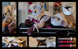 Size: 1280x815 | Tagged: safe, artist:purplenebulastudios, imported from derpibooru, derpy hooves, pegasus, pony, ciri, irl, life size, lying down, photo, plushie, prone, solo, sword, the witcher, weapon