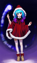 Size: 1500x2517 | Tagged: safe, artist:mrscroup, imported from derpibooru, izzy moonbow, human, blushing, bracelet, christmas, clothes, g5, holiday, humanized, jewelry, looking at you, magic, my little pony: a new generation, shoes, solo, stockings, thigh highs, wand