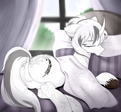 Size: 3000x2768 | Tagged: safe, artist:munrei, imported from derpibooru, oc, oc only, oc:chloe white, pony, unicorn, bed, bedroom, butt, clothes, commission, eyes closed, female, high res, horn, lace, lying down, lying on bed, mare, morning, on bed, panties, plot, sleeping, solo, stockings, thigh highs, underwear, window