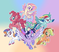 Size: 1180x1044 | Tagged: safe, artist:polymercorgi, imported from derpibooru, applejack, fluttershy, pinkie pie, rainbow dash, rarity, spike, twilight sparkle, alicorn, dragon, earth pony, pegasus, pony, unicorn, alternate design, alternative cutie mark placement, applejack's hat, bubble berry, cloven hooves, colored hooves, colored horn, colored wings, cowboy hat, ear piercing, earring, eyeshadow, flying, gradient hooves, hat, horn, jewelry, lip piercing, makeup, mane seven, mane six, multicolored wings, piercing, rainbow blitz, rule 63, scruff, sideburns, spread wings, stock vector, torn ear, twilight sparkle (alicorn), wings