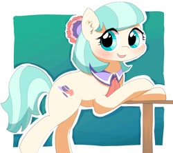 Size: 1550x1376 | Tagged: safe, artist:leo19969525, imported from derpibooru, coco pommel, earth pony, pony, blushing, cocobetes, cute, ear fluff, female, happy, leaning on table, looking at you, mare, smiling, solo, table