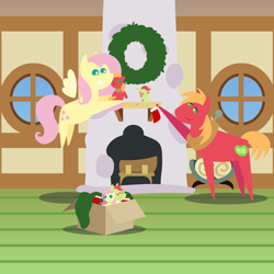 Size: 2160x2160 | Tagged: safe, anonymous artist, imported from derpibooru, big macintosh, fluttershy, oc, oc:late riser, earth pony, pegasus, pony, series:fm holidays, series:hearth's warming advent calendar 2021, advent calendar, baby, baby pony, christmas, christmas stocking, christmas wreath, colt, cute, decorating, female, fireplace, fluttermac, garland, hearth's warming, hearth's warming doll, high res, holiday, lineless, male, mare, offspring, parent:big macintosh, parent:fluttershy, parents:fluttermac, pointy ponies, shipping, sleeping, stallion, straight, wreath