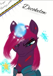 Size: 418x600 | Tagged: safe, artist:decokelow, imported from twibooru, fizzlepop berrytwist, tempest shadow, pony, unicorn, blood, crossover, dalgona, female, image, mare, messed up hair, needle, needs more jpeg, signature, solo, squid game