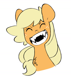 Size: 1280x1394 | Tagged: safe, artist:chub-wub, imported from derpibooru, applejack, bust, fangs, freckles, grin, sharp teeth, simple background, smiling, teeth, white background