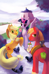 Size: 672x1000 | Tagged: safe, artist:amy30535, imported from derpibooru, applejack, big macintosh, twilight sparkle, alicorn, bird, pigeon, bubble tea, chiang kai-shek memorial hall, taipei, taiwan, twilight sparkle (alicorn)