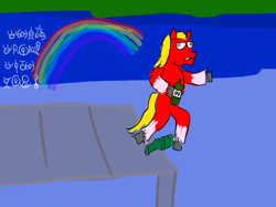 Size: 500x374 | Tagged: safe, artist:horsesplease, imported from derpibooru, sprout cloverleaf, earth pony, pony, unown, bottle, derp, doodle, drunk, g5, meme, my little pony: a new generation, ocean, parody, pier, pokémon, ponified meme, rainbow, sad sprout, this will end in pain