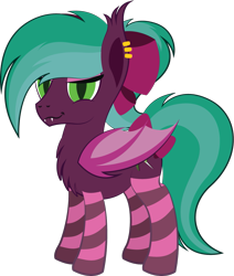 Size: 915x1081 | Tagged: safe, artist:tikibat, derpibooru exclusive, imported from derpibooru, oc, oc only, oc:satin rose, bat pony, pony, bat pony oc, bat wings, bow, chest fluff, clothes, ear fluff, ear piercing, earring, eyeshadow, fangs, femboy, hair bow, jewelry, long mane, long mane male, long tail, makeup, male, mane, membranous wings, piercing, ponytail, simple background, slit pupils, socks, solo, stallion, striped socks, tail, tail bow, transparent background, wings