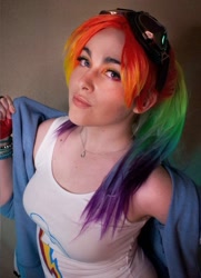 Size: 781x1080 | Tagged: safe, imported from derpibooru, rainbow dash, human, clothes, cosplay, costume, cutie mark on clothes, goggles, irl, irl human, photo, tanktop