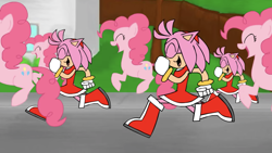 Size: 3584x2016 | Tagged: safe, artist:animatedjames, imported from derpibooru, pinkie pie, amy rose, clone, crossover, high res, pinkie clone, running, sonic the hedgehog (series)