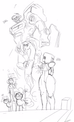 Size: 2468x4041 | Tagged: safe, artist:_ton618_, imported from derpibooru, discord, pinkie pie, rainbow dash, draconequus, earth pony, pegasus, pony, bumblebee (transformers), crossover, dialogue, female, garnet (steven universe), mare, monochrome, pearl (steven universe), speech bubble, steven universe, transformers