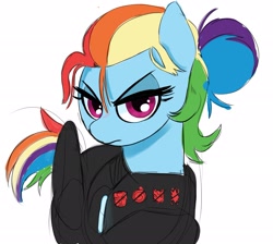 Size: 2039x1825 | Tagged: safe, artist:_ton618_, imported from derpibooru, rainbow dash, pegasus, pony, alternate hairstyle, alternate universe, fantasy class, female, hair bun, lidded eyes, looking at you, mare, rogue, solo