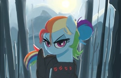 Size: 3275x2128 | Tagged: safe, artist:_ton618_, imported from derpibooru, rainbow dash, pegasus, pony, alternate hairstyle, alternate universe, fantasy class, female, hair bun, high res, lidded eyes, looking at you, mare, rogue, solo