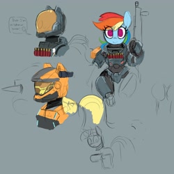 Size: 4096x4096 | Tagged: safe, artist:_ton618_, imported from derpibooru, applejack, rainbow dash, twilight sparkle, earth pony, pegasus, pony, semi-anthro, unicorn, ammunition, armor, crossover, dialogue, female, gun, halo (series), helmet, looking at you, mare, no pupils, shotgun shell, smiling, spartan armor, speech bubble, weapon