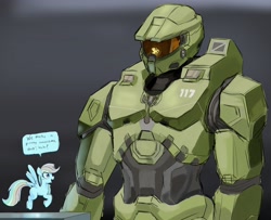 Size: 4096x3324 | Tagged: safe, artist:_ton618_, imported from derpibooru, rainbow dash, human, pegasus, pony, armor, artificial intelligence, crossover, dialogue, duo, halo (series), master chief, speech bubble