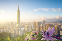 Size: 640x427 | Tagged: safe, artist:xgalacticursax, imported from derpibooru, fluttershy, twilight sparkle, alicorn, pony, city, irl, photo, ponies in real life, taipei, taiwan, twilight sparkle (alicorn)