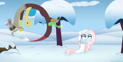 Size: 1280x648 | Tagged: safe, artist:sugarcubecreationz, imported from derpibooru, discord, oc, oc:sweetheart, draconequus, pony, unicorn, canon x oc, female, laughing, male, mare, snow, snowball, snowball fight