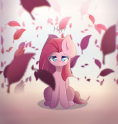 Size: 1900x2000 | Tagged: safe, artist:miryelis, imported from derpibooru, pinkie pie, earth pony, pony, cute, cuteamena, leaves, looking at you, pinkamena diane pie, sitting, smiling, smiling at you, solo, straight hair, text, void