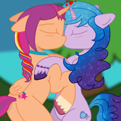 Size: 600x600 | Tagged: safe, artist:applejunksparkler, imported from derpibooru, izzy moonbow, sunny starscout, alicorn, pony, unicorn, bipedal, blushing, butt, cute, eyes closed, female, floating heart, g5, heart, horn, horns are touching, hug, izzybetes, izzyscout, kiss on the lips, kissing, lesbian, mane stripe sunny, my little pony: a new generation, plot, race swap, shipping, sunnybetes, sunnycorn