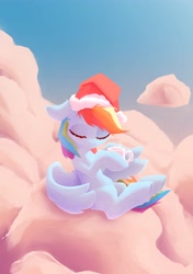 Size: 2819x4000 | Tagged: safe, artist:senaelik, imported from derpibooru, rainbow dash, pegasus, pony, chocolate, christmas, cloud, cute, dashabetes, ear fluff, eyes closed, female, floppy ears, food, hat, high res, holiday, hoof hold, hot chocolate, hot drink, mare, missing cutie mark, mug, on a cloud, outdoors, partially open wings, pastel colors, santa hat, sitting, sky, solo, wings