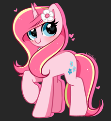 Size: 2432x2652 | Tagged: safe, artist:kittyrosie, imported from derpibooru, oc, oc only, oc:rosa flame, pony, unicorn, blushing, cute, flower, flower in hair, gray background, heart, heart eyes, high res, horn, ocbetes, raised hoof, simple background, solo, transparent background, unicorn oc, wingding eyes