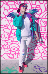 Size: 3241x4926 | Tagged: safe, artist:krazykari, imported from derpibooru, zipp storm, human, pegasus, clothes, cosplay, costume, g5, humanized, irl, irl human, jacket, my little pony: a new generation, pants, photo, solo, winged humanization, wings