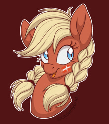 Size: 792x900 | Tagged: safe, artist:littlehybridshila, imported from derpibooru, oc, oc only, oc:valkyria, earth pony, pony, blue eyes, braid, brown background, bust, cute, denmark, earth pony oc, female, hair tie, mare, open mouth, open smile, outline, portrait, simple background, smiling, solo, white outline