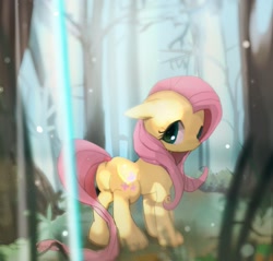 Size: 1973x1887 | Tagged: safe, artist:youhoujou, imported from derpibooru, fluttershy, pony, butt, floppy ears, forest, looking back, plot, solo, wingless