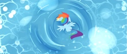 Size: 2350x1000 | Tagged: safe, artist:youhoujou, imported from derpibooru, rainbow dash, pegasus, pony, overhead view, ripple, solo, spread wings, water, wings