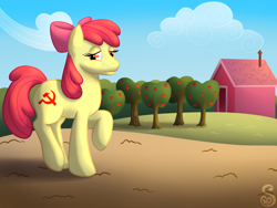 Size: 1600x1200 | Tagged: safe, artist:shrineheart, imported from derpibooru, apple bloom, earth pony, pony, alternate cutie mark, apple, apple tree, bow, communism, cutie mark, farm, female, filly, hammer and sickle, sad, solo, tree