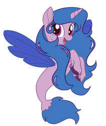 Size: 1280x1515 | Tagged: safe, artist:tsunamirose08, imported from derpibooru, izzy moonbow, seapony (g4), unicorn, base used, blue mane, female, fin wings, fins, fish tail, flowing mane, flowing tail, g5, horn, looking at you, my little pony: a new generation, open mouth, open smile, seaponified, seapony izzy moonbow, simple background, smiling, solo, species swap, tail, transparent background, unshorn fetlocks, vector, wings