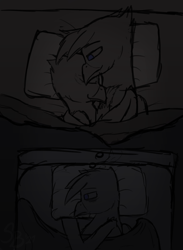 Size: 1900x2600 | Tagged: safe, artist:somber, imported from derpibooru, oc, oc only, oc:sombird, griffon, bed, blanket pillow, cuddling, dark, depression, edgy, female, griffon oc, hug, male, snuggling, thought bubble