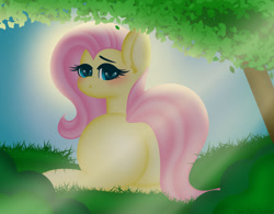 Size: 1280x999 | Tagged: source needed, useless source url, safe, artist:sugarcubecreationz, imported from derpibooru, fluttershy, pegasus, pony, blushing, bush, butt, day, ear fluff, eyebrows, eyelashes, female, flutterbutt, forest, grass, large butt, looking at you, looking back, looking back at you, lying down, outdoors, plot, prone, puppy dog eyes, shy, sky, solo, sunshine, tree