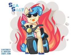 Size: 882x692 | Tagged: safe, artist:khimi-chan, imported from derpibooru, oc, oc only, oc:sea salt, unicorn, :p, base used, fire, horn, motorcycle, simple background, solo, sunglasses, tongue out, unicorn oc, unshorn fetlocks, white background