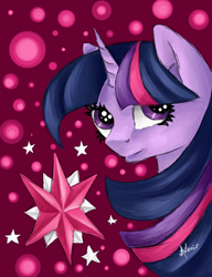 Size: 1000x1300 | Tagged: safe, artist:avonir, imported from derpibooru, twilight sparkle, pony, unicorn, abstract background, bust, eyelashes, female, mare, smiling, unicorn twilight