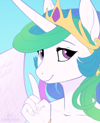 Size: 480x592 | Tagged: safe, artist:ladychimaera, imported from derpibooru, princess celestia, alicorn, anthro, blue background, bust, eyelashes, female, jewelry, shhh, simple background, smiling, tiara