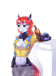 Size: 1822x2475 | Tagged: safe, artist:ladychimaera, imported from derpibooru, oc, anthro, unicorn, absolute cleavage, amputee, beer bottle, bottle, breasts, cleavage, clothes, female, horn, midriff, prosthetic limb, prosthetics, simple background, smiling, solo, unicorn oc, white background