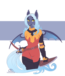 Size: 1276x1496 | Tagged: safe, artist:ladychimaera, imported from derpibooru, oc, anthro, bat pony, abstract background, bat pony oc, bat wings, dagger, female, shield, smiling, solo, weapon, wings