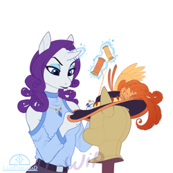 Size: 1125x1125 | Tagged: safe, artist:ladychimaera, imported from derpibooru, rarity, anthro, unicorn, carousel boutique, clothes, concentrating, cute, female, focusing, frown, glowing, glowing horn, hat, horn, levitation, lipstick, magic, mannequin, mare, raribetes, sewing, shoulderless, simple background, solo, telekinesis, thread, white background