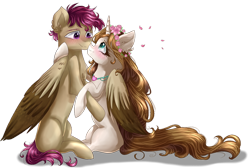 Size: 1024x689 | Tagged: safe, artist:gihhbloonde, imported from derpibooru, oc, oc only, oc:condensed milk, oc:gihh bloonde, alicorn, pegasus, alicorn oc, female, horn, hug, pegasus oc, simple background, smiling, transparent background, wings