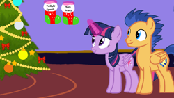 Size: 1280x720 | Tagged: safe, artist:mlplary6, imported from derpibooru, flash sentry, twilight sparkle, alicorn, pegasus, pony, christmas, christmas stocking, christmas tree, female, flashlight, holiday, male, shipping, straight, tree, twilight sparkle (alicorn)