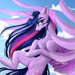 Size: 3200x3200 | Tagged: safe, artist:livitoza, imported from derpibooru, twilight sparkle, alicorn, pony, chest fluff, cloud, flying, high res, sky, solo, twilight sparkle (alicorn)