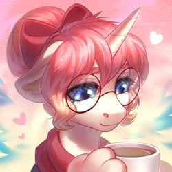 Size: 2000x2000 | Tagged: safe, artist:fenwaru, imported from derpibooru, oc, oc only, pony, unicorn, bow, bust, chocolate, food, glasses, heart, high res, hot chocolate, mug, portrait, solo