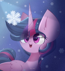 Size: 2000x2200 | Tagged: safe, artist:miryelis, imported from derpibooru, twilight sparkle, alicorn, pony, big eyes, cute, high res, horn, looking up, simple background, smiling, snow, snowflake, solo, twilight sparkle (alicorn), wings