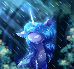 Size: 3000x2800 | Tagged: safe, artist:celes-969, imported from derpibooru, izzy moonbow, pony, unicorn, eye clipping through hair, eyebrows, eyebrows visible through hair, eyes closed, female, g5, grin, high res, mare, my little pony: a new generation, rain, smiling, solo, wet, wet mane