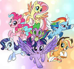 Size: 1024x957 | Tagged: safe, artist:cindystarlight, imported from derpibooru, applejack, fluttershy, pinkie pie, rainbow dash, rarity, spike, twilight sparkle, alicorn, pony, alternate design, mane seven, mane six, twilight sparkle (alicorn)