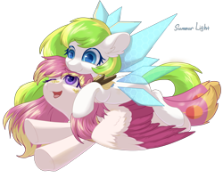 Size: 2500x2000 | Tagged: source needed, safe, artist:夏决明, imported from derpibooru, oc, oc only, oc:tea fairy, pony, colored wings, eye clipping through hair, female, high res, mare, multicolored wings, one eye closed, open mouth, open smile, simple background, smiling, transparent background, underhoof, wings