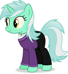 Size: 3755x4044 | Tagged: safe, artist:anime-equestria, imported from derpibooru, lyra heartstrings, pony, unicorn, clothes, female, happy, high res, jewelry, mare, necklace, pants, simple background, smiling, solo, sweater, transparent background, vector