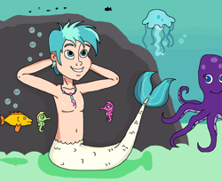 Size: 1668x1365 | Tagged: safe, artist:ocean lover, imported from derpibooru, terramar, fish, human, jellyfish, merboy, merman, octopus, seahorse, arm behind head, belly button, bubble, cute, disney style, fish tail, humanized, jewelry, looking up, male, mermaid tail, necklace, ocean, pearl necklace, rock, smiling, tail, terrabetes, underwater